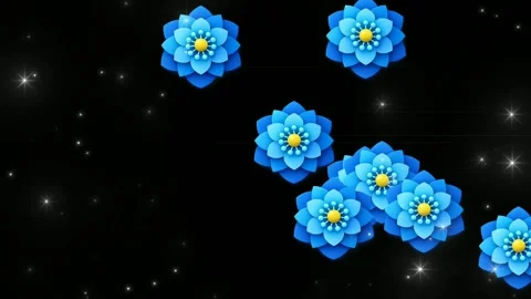 Seamless Loop of Blue Stylized Flowers with Yellow Centers Falling on Black Stock Footage 340047732