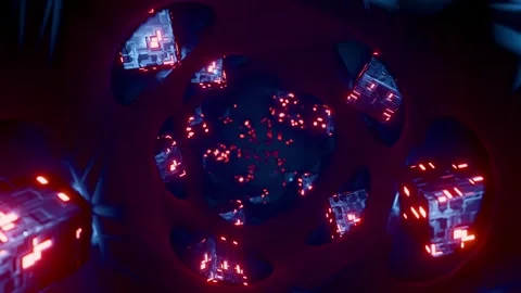 Seamless loop of camera moving through a dark red sci-fi tunnel with glowing Stock Footage 337184858