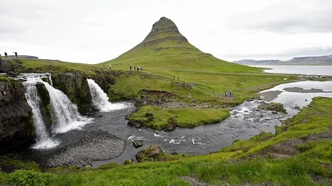 Seamless loop cinemagraph of Kirkjufell mountain and waterfall in Iceland Stock Footage 130073435