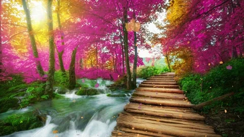 Seamless Loop Cinemagraph video of autumn wooden path in Plitvice Lake, Croatia 動画素材 157458375