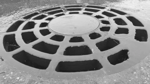 Seamless loop circular manhole cover with a web-like design, surrounded by .. Stock Footage 319434211