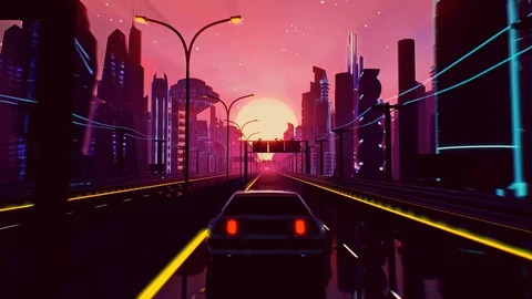 Seamless loop of cyberpunk sunset landscape with a moving car on a highway road Stock Footage 129854454