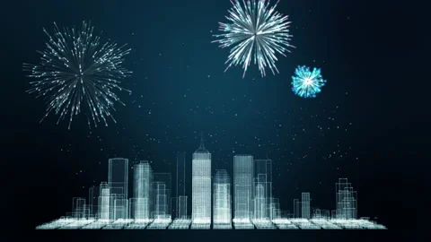Seamless loop, Digital cityscape fireworks background. Stock Footage 164640500