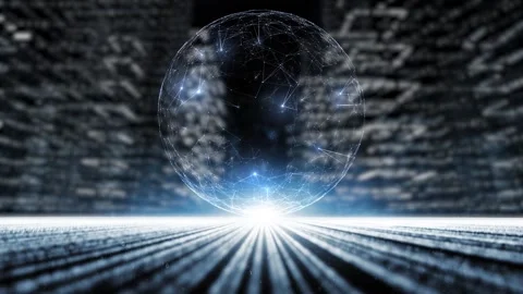 Seamless loop digital cyber space city with sphere rotation Stock Footage 339717432