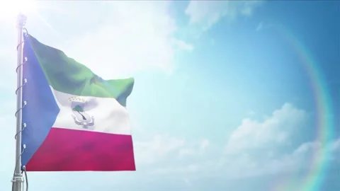 Seamless Loop Of Equatorial Guinea Flag front view In sunset blue sky Stock Footage 296934770