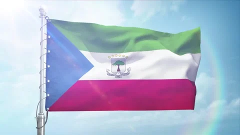 Seamless Loop Of Equatorial Guinea Flag Side view In sunset blue sky Stock Footage 296934771