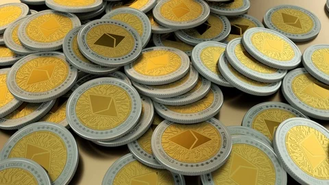 Seamless loop of Ethereum crypto currency coin pile Stock Footage 89124037