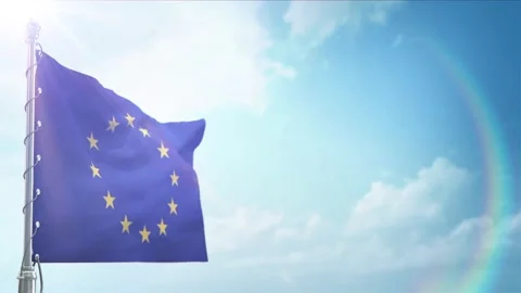 Seamless Loop Of European union Flag front view In sunset blue sky Stock Footage 296934782