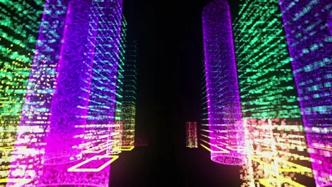 Seamless loop, Fast moving through Cyberpunk glowing city made of skyscrapers Vidéo 279470631