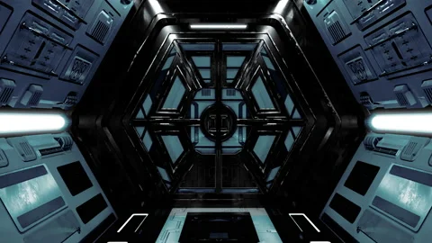 Seamless loop flying into spaceship tunnel, sci-fi spaceship corridor Stock Footage