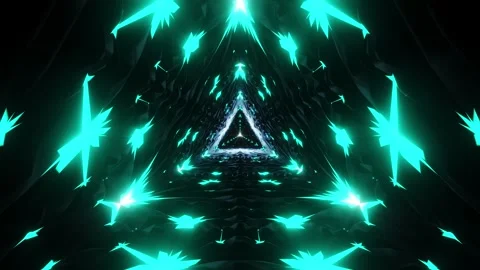 Seamless loop flying through a triangular neon tunnel with changing colors and Stock Footage 337184976