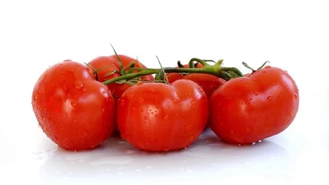 Seamless loop, fresh branch of tomatoes on white background, water trickes Stock Footage 73620253