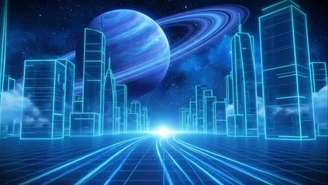 Seamless loop of a futuristic blue metropolis featuring a glowing digital grid. Stock Footage 325985693
