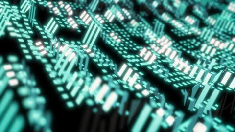 Seamless loop of futuristic teal grid waves with glowing city street lights 库存影片 345145213