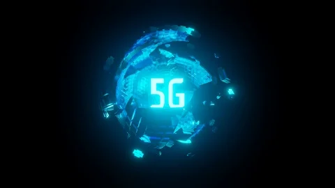 Seamless loop. Glowing 5G Text blue led with rotating sci fi shape geometry Stock Footage