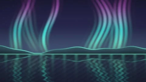 Seamless loop of glowing cyan and purple aurora over futuristic landscape Stock Footage 348731980