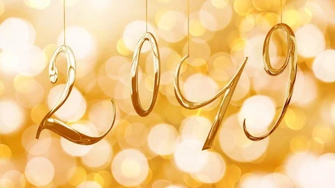 Seamless loop, golden 2019 numbers hanging, bokeh lights nackground. Video HD Video stock 96112697