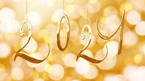 Seamless loop, golden 2021 numbers hanging on holiday lights background Video stock 140579837