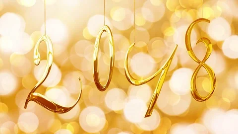 Seamless loop - Golden numbers 2018 hanging on bokeh lights background, HD vi Video stock 81655457
