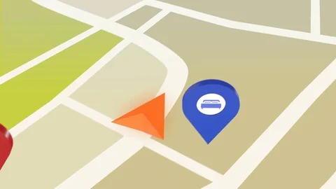 Seamless loop of GPS Navigation Arrow moving along the road. Passing map markers Stock Footage