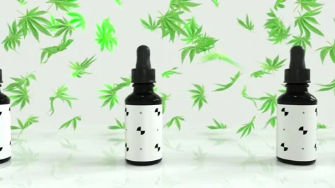 Seamless Loop of A lot of CBD oil bottles with marijuana or cannabis oil leafs Stock Footage 149011498