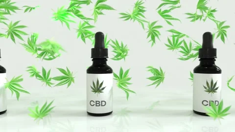 Seamless Loop of A lot of CBD oil bottles with marijuana or cannabis oil leafs Stockbeeldmateriaal 149011560