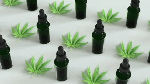 Seamless Loop of A lot of CBD oil bottles with marijuana or cannabis oil leafs Stock Footage 149011794