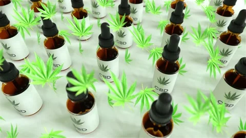 Seamless Loop of A lot of CBD oil bottles with marijuana or cannabis oil leafs Stock Footage 149012220