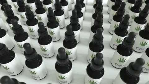 Seamless Loop of A lot of CBD oil bottles with marijuana or cannabis oil leafs Stock Footage 149012232