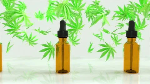 Seamless Loop of A lot of CBD oil bottles with marijuana or cannabis oil leafs Stock Footage 149012355