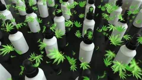 Seamless Loop of A lot of CBD oil bottles with marijuana or cannabis oil leafs Stock Footage 149012425