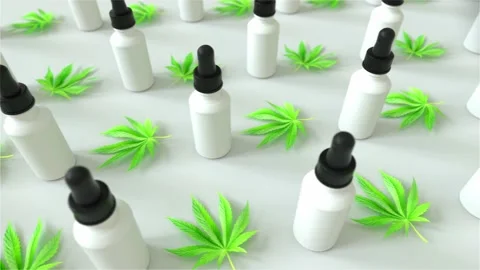 Seamless Loop of A lot of CBD oil bottles with marijuana or cannabis oil leafs Stock Footage 149012446