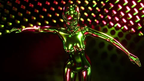 Seamless loop of a metallic female cyborg dancing in a neon green and pink Stock Footage 335754298
