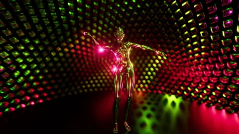 Seamless loop of a metallic female cyborg dancing in a neon green and pink Stock Footage 335754617