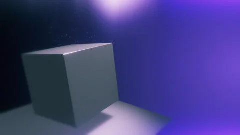 Seamless loop of a minimalist 3D cube slowly rotating in purple and blue light Stock Footage 345145156