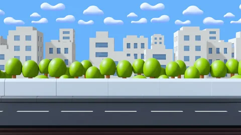 Seamless loop moving city landscape with asphalt road, buildings and trees Stock Footage 296097831