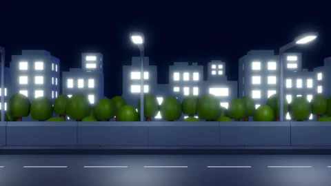 Seamless loop moving city landscape with asphalt road, buildings and trees Stock Footage 296098177