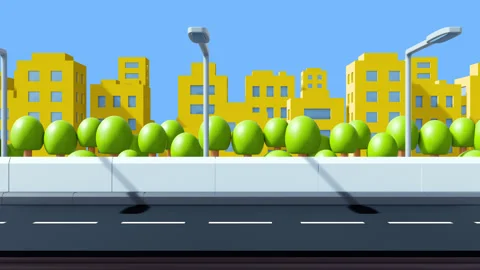 Seamless loop moving city landscape with asphalt road, buildings and trees Stock Footage 296098254