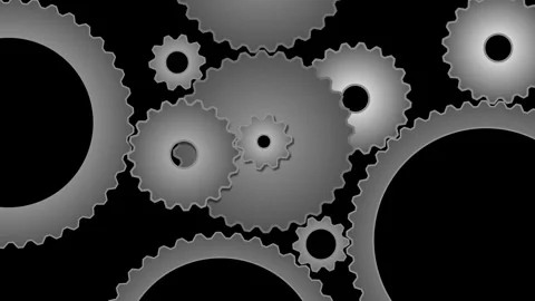 Seamless loop of multiple interlocking monochrome gears and cogs rotating in a Stock Footage 321278114