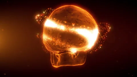 Seamless Loop Neanderthal Skull Hologram Rotating in Orange Glow Stock Footage 328704083