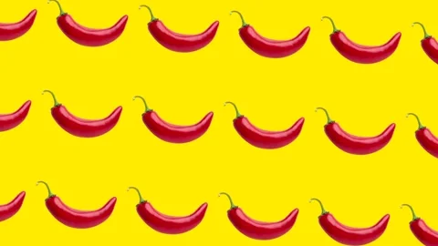 Seamless loop pattern with Chili peppers on a yellow background. Exotic fruits Video stock 222327791