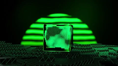 Seamless loop retro wave style rotating cube and grid. Abstract background Stock Footage 245435812