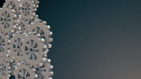 Seamless loop of rotating 3D gears on a dark grey background Stock Footage 345143935