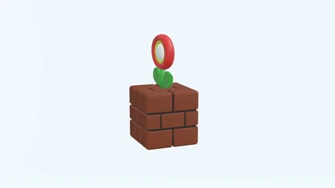 Seamless loop rotating flower on brick block, 3D render cartoon character Stock Footage 138574673