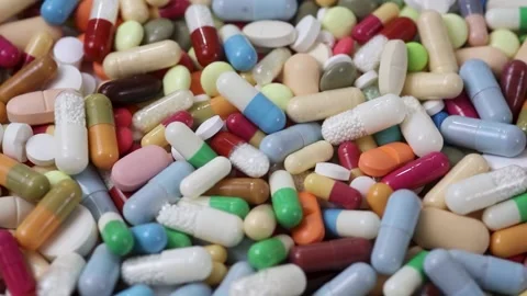 Seamless loop of rotating pile of medication capsules and pills Stock Footage 156043092