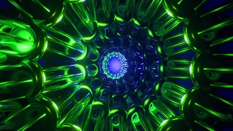 Seamless loop of a shiny green metallic tube tunnel leading to a glowing blue 스톡 동영상 340251610