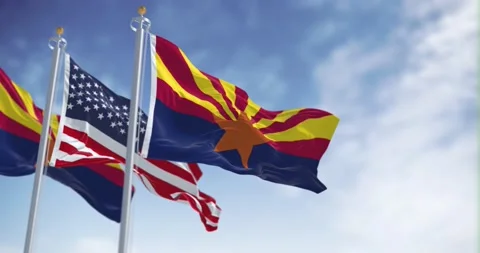 Seamless loop in slow motion of Arizona and US waving on a clear day Stock Footage 238991445