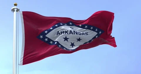 Seamless loop in slow motion of Arkansas state flag waving on a clear day Video stock 242011199