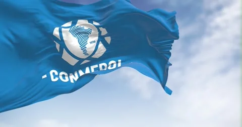 Seamless loop in slow motion of CONMEBOL lflag waving in the wind on a clea.. Stock-Footage 240417847