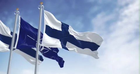 Seamless loop in slow motion of Finland and NATO flags waving on a clear day Stock Footage 237692391
